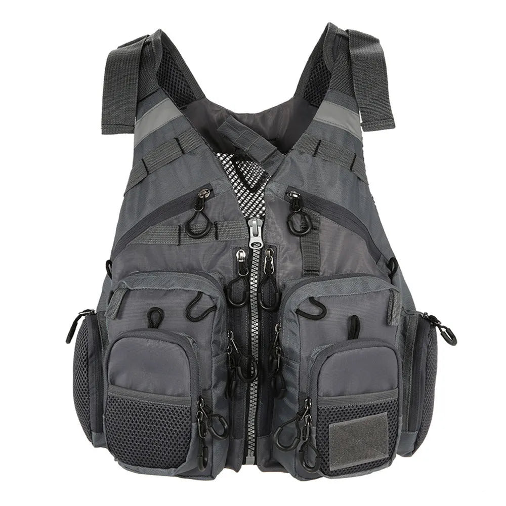 Grey ripstop polyester fishing life jacket with multiple pockets, MOLLE panels, and reflective strips on a mannequin.