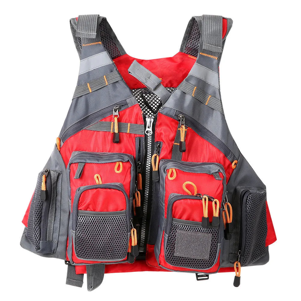 Grey ripstop polyester fishing life jacket with multiple pockets, MOLLE panels, and reflective strips on a mannequin.