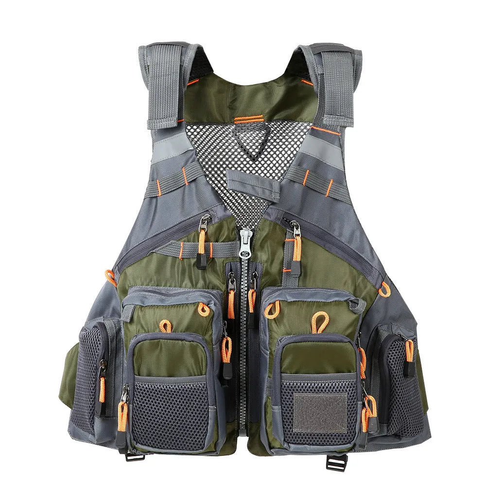 Grey ripstop polyester fishing life jacket with multiple pockets, MOLLE panels, and reflective strips on a mannequin.