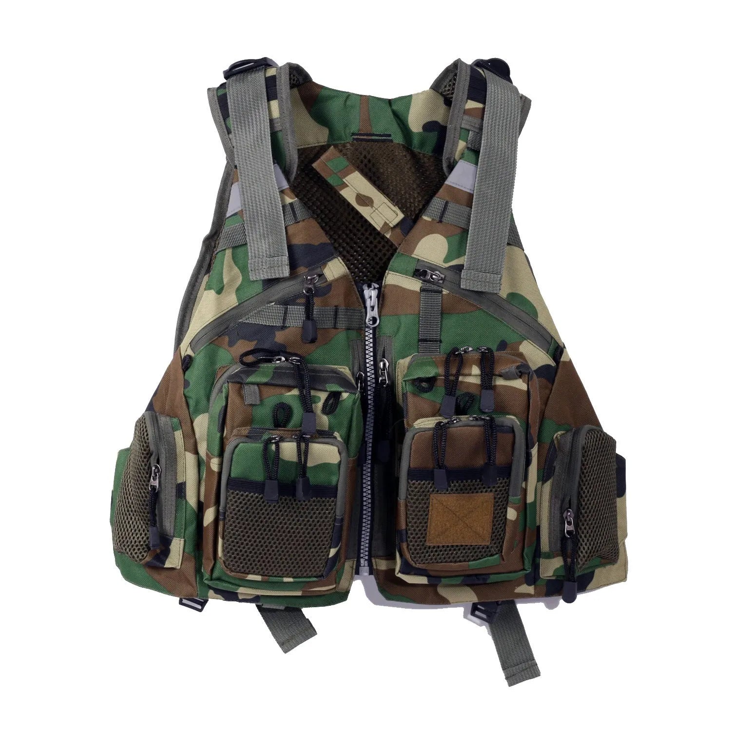 Grey ripstop polyester fishing life jacket with multiple pockets, MOLLE panels, and reflective strips on a mannequin.