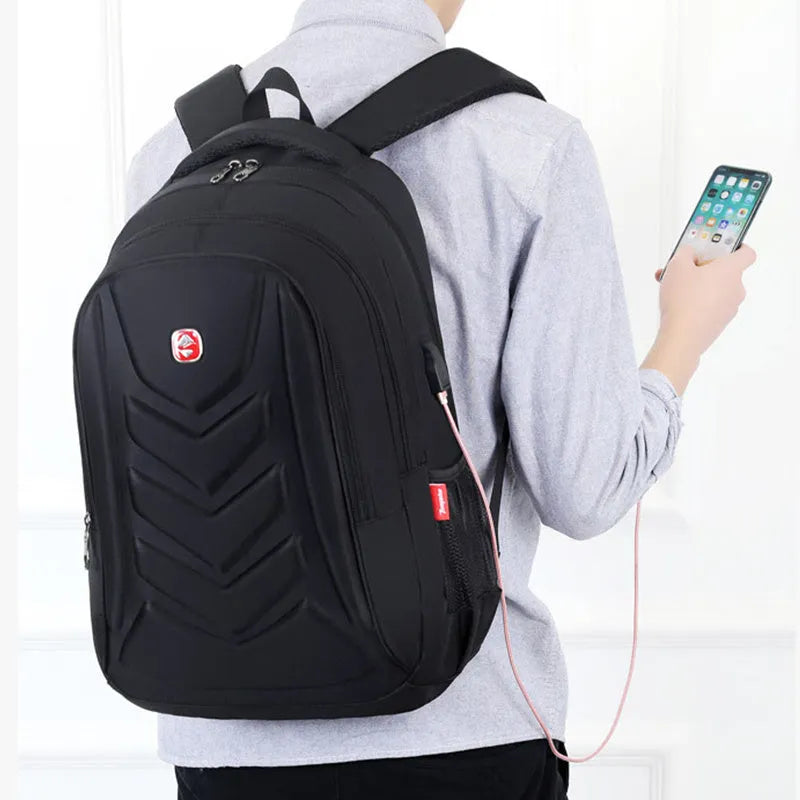 Hard shell computer backpack in square vertical shape, available in black, grey, and purple colours