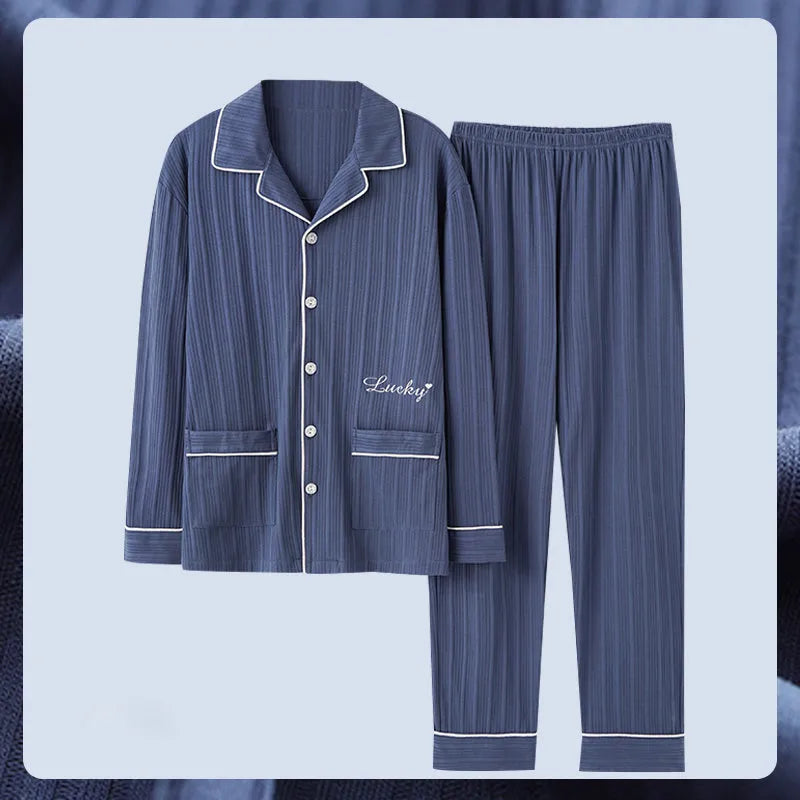 Antarctic men's pure cotton pyjama set in solid colour with long sleeves and elastic waist trousers