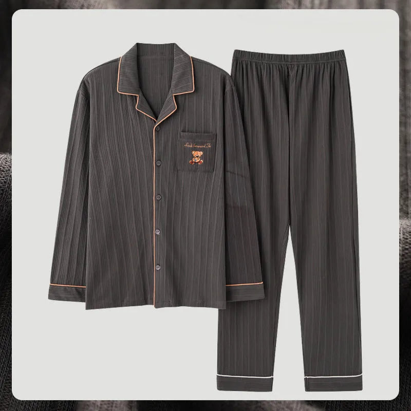 Antarctic men's pure cotton pyjama set in solid colour with long sleeves and elastic waist trousers