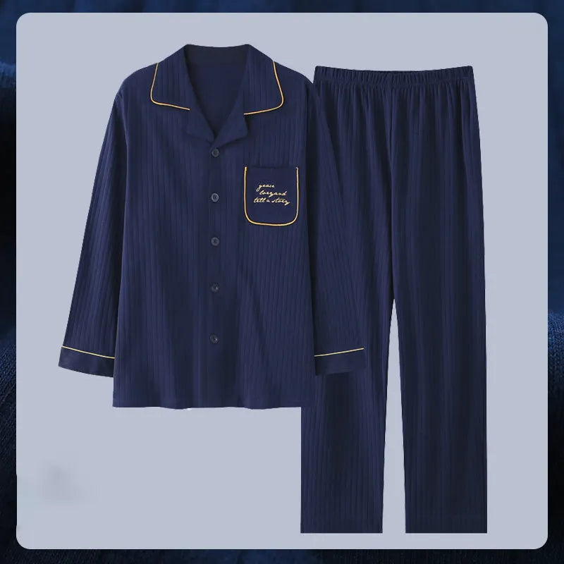 Antarctic men's pure cotton pyjama set in solid colour with long sleeves and elastic waist trousers
