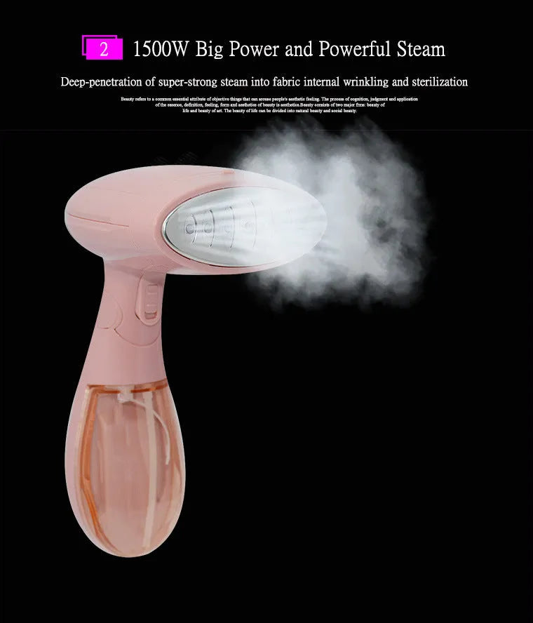 Pink Sokany handheld steam ironing brush with EU plug for smoothing clothes wrinkles.