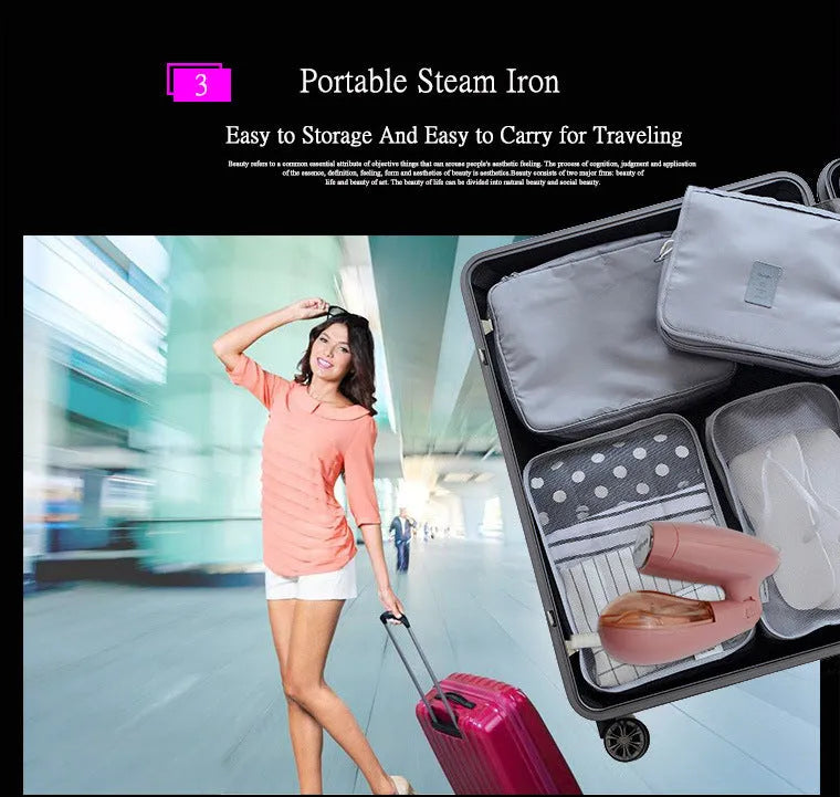 Pink Sokany handheld steam ironing brush with EU plug for smoothing clothes wrinkles.