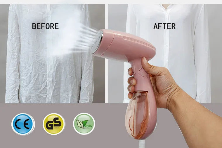 Pink Sokany handheld steam ironing brush with EU plug for smoothing clothes wrinkles.