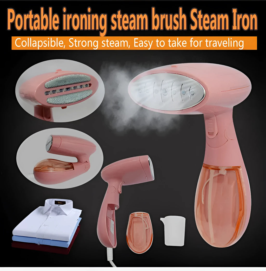 Pink Sokany handheld steam ironing brush with EU plug for smoothing clothes wrinkles.