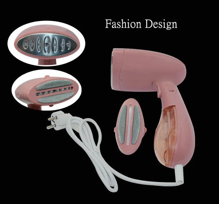Pink Sokany handheld steam ironing brush with EU plug for smoothing clothes wrinkles.