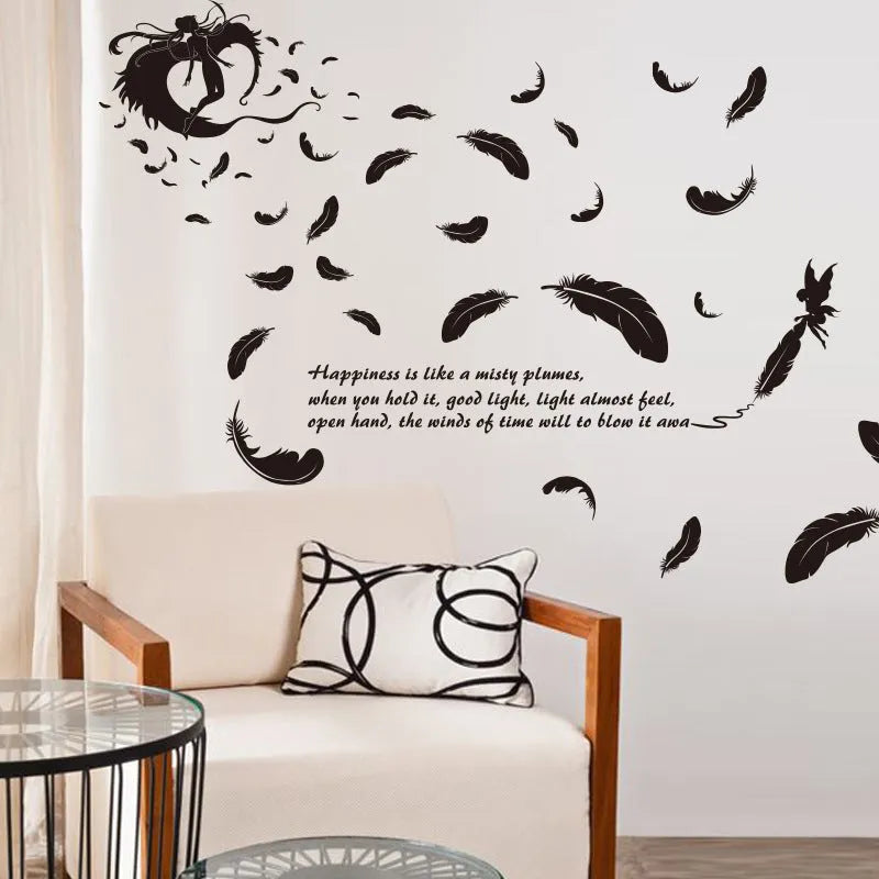 Black feather angel three generations wall sticker measuring 50 by 70 centimetres