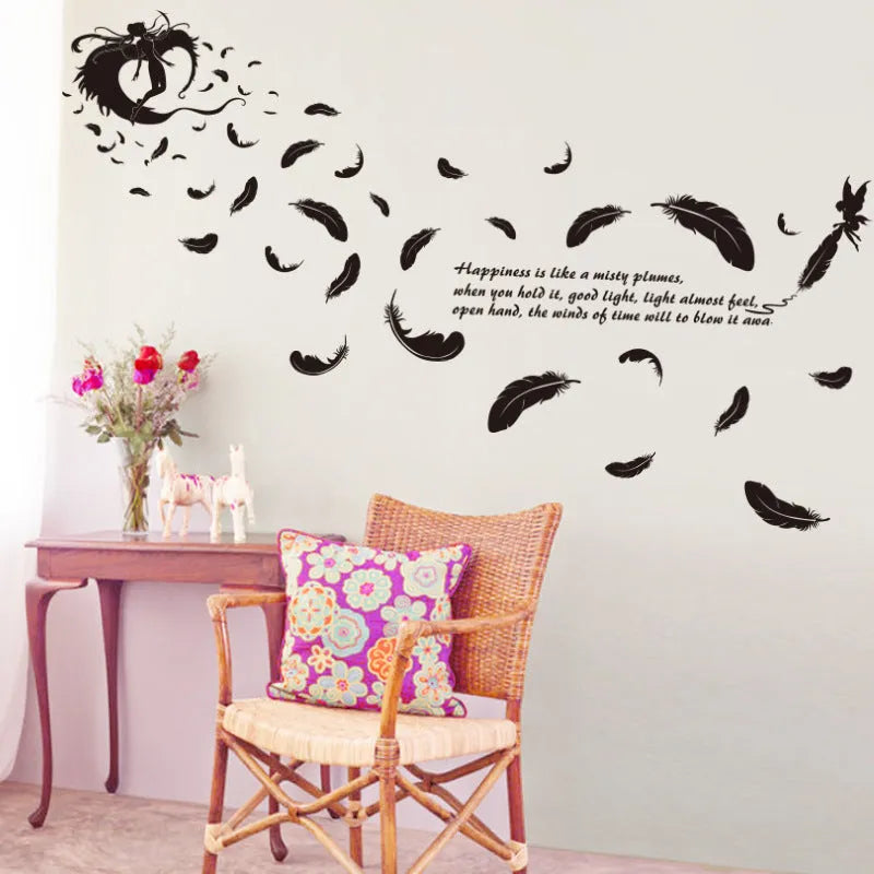 Black feather angel three generations wall sticker measuring 50 by 70 centimetres