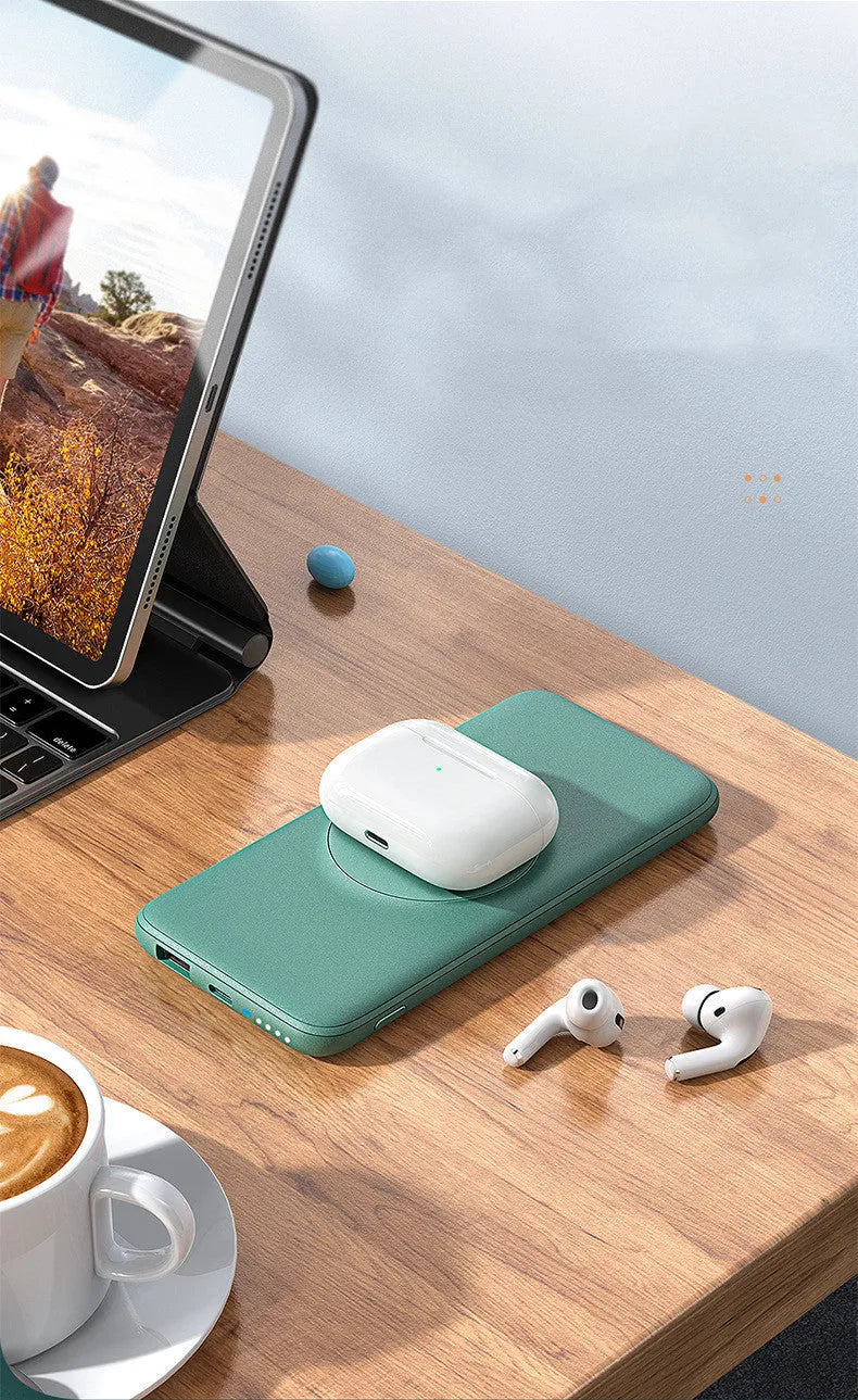 Mint green magnetic wireless charging power bank with 10000mAh capacity and back clip