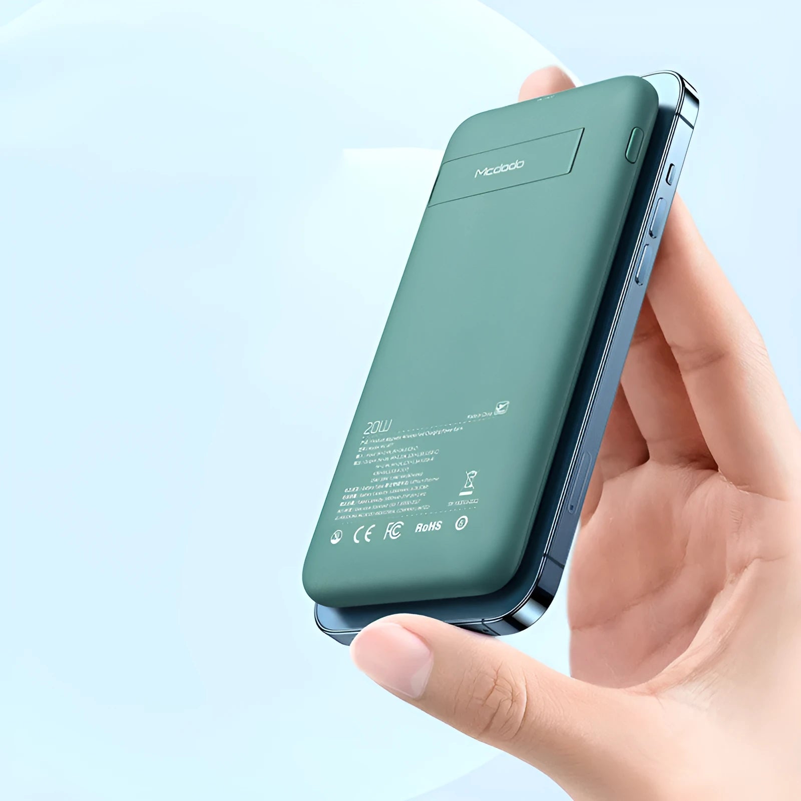 Mint green magnetic wireless charging power bank with 10000mAh capacity and back clip