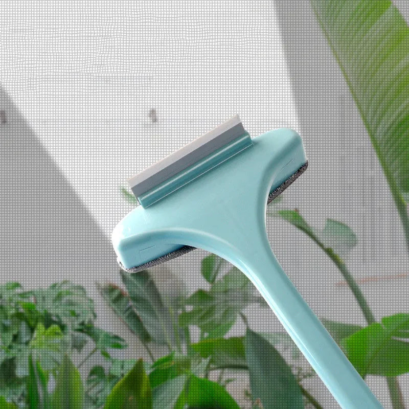 Blue and pink window cleaning brushes with crevice tool and optional glass scraper for household use