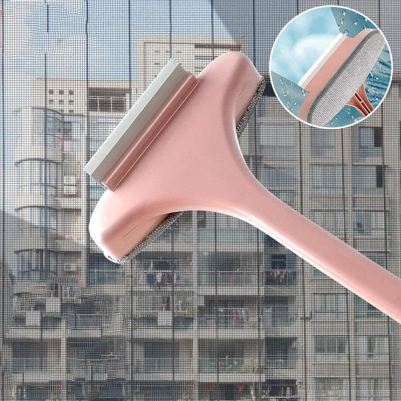 Blue and pink window cleaning brushes with crevice tool and optional glass scraper for household use