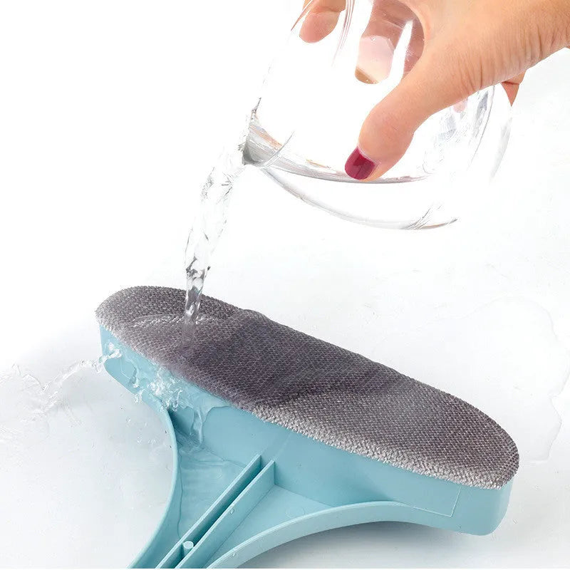Blue and pink window cleaning brushes with crevice tool and optional glass scraper for household use