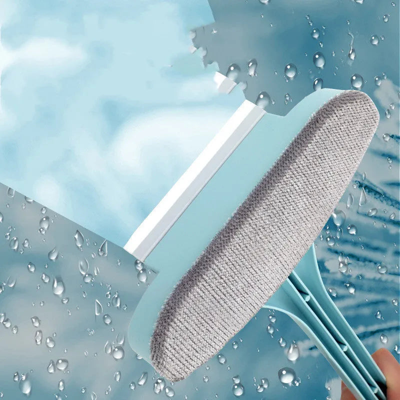 Blue and pink window cleaning brushes with crevice tool and optional glass scraper for household use
