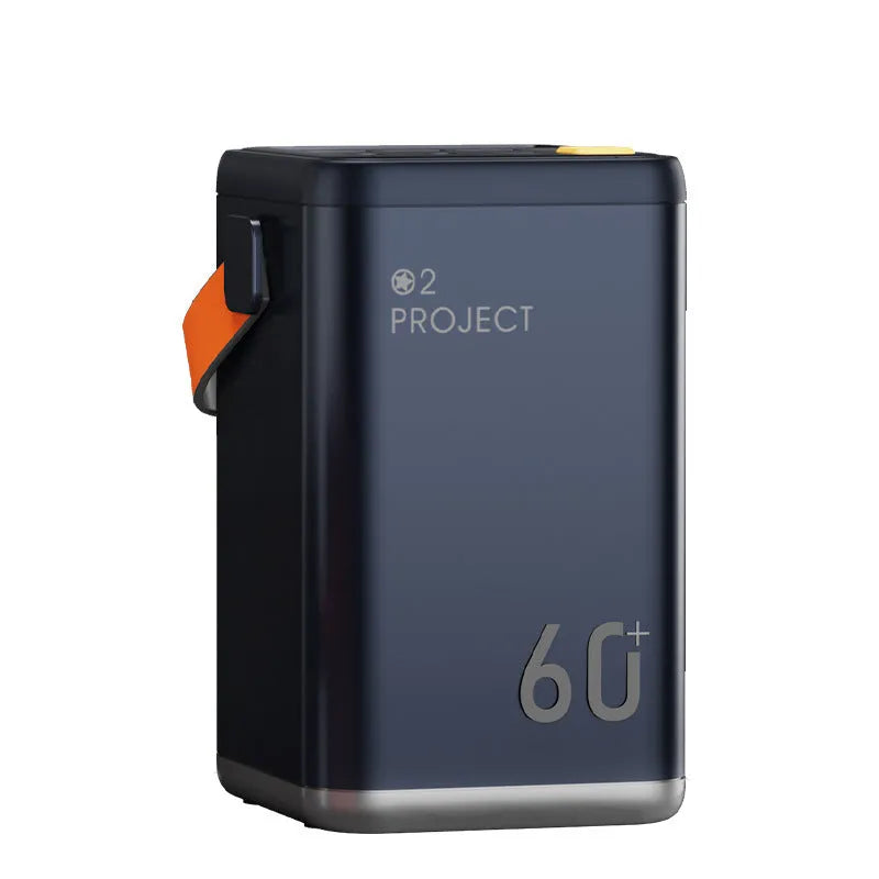 Square aluminium shell power bank in blue colour with multiple USB ports for device charging