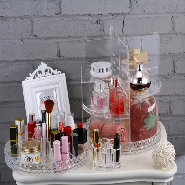 Diamond wave 360 rotating acrylic makeup organiser with detachable compartments on a vanity table