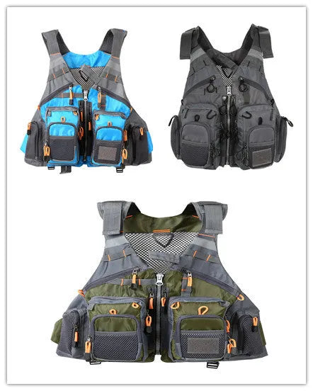 Grey ripstop polyester fishing life jacket with multiple pockets, MOLLE panels, and reflective strips on a mannequin.