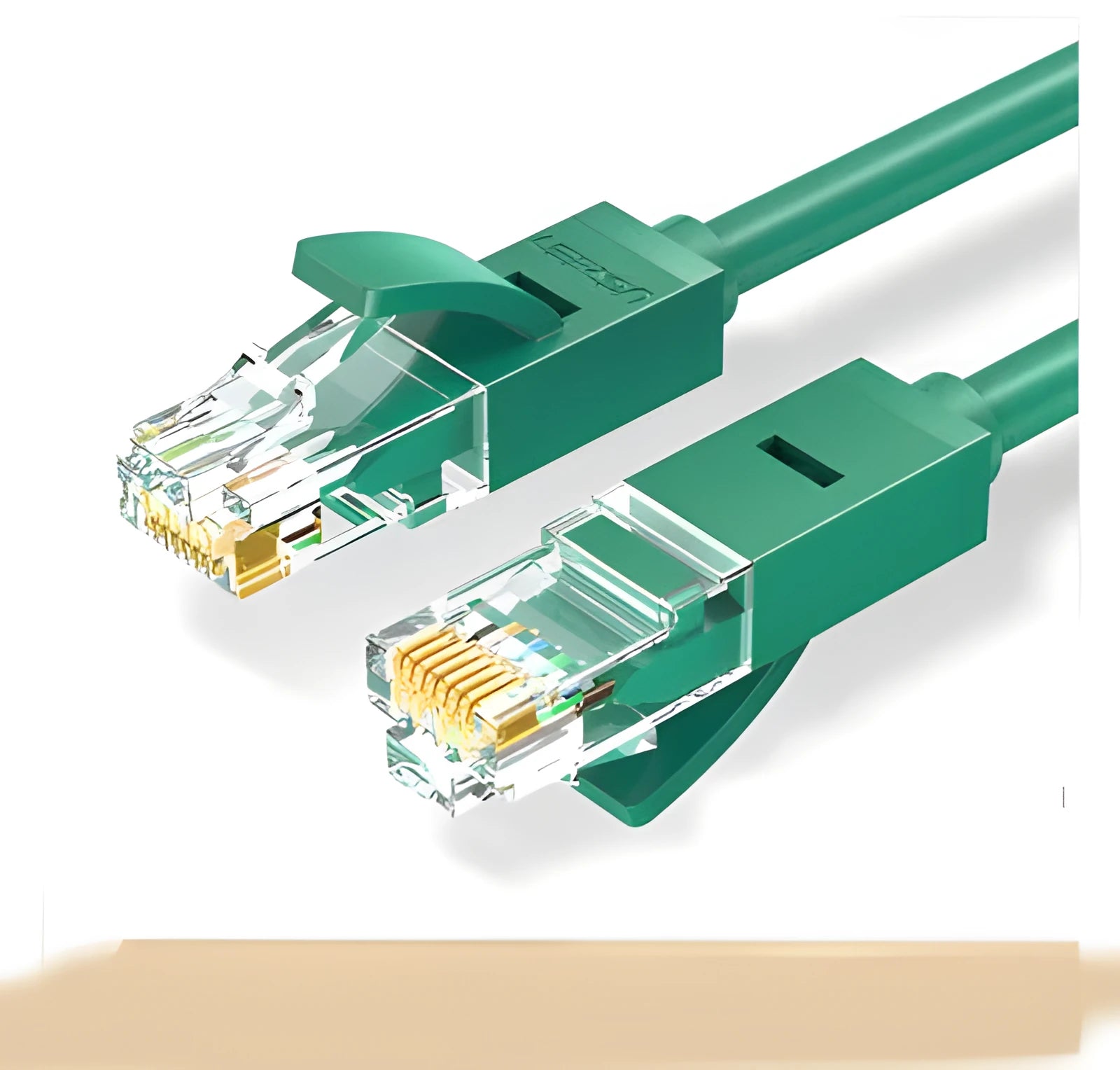 Green UGREEN CAT 7 Ethernet network cable with RJ45 connectors, shown at 1m and 2m lengths.