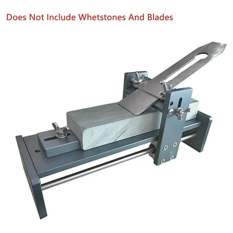 Fixed angle woodworking sharpener for chisels, planers and carving knives on a workbench.