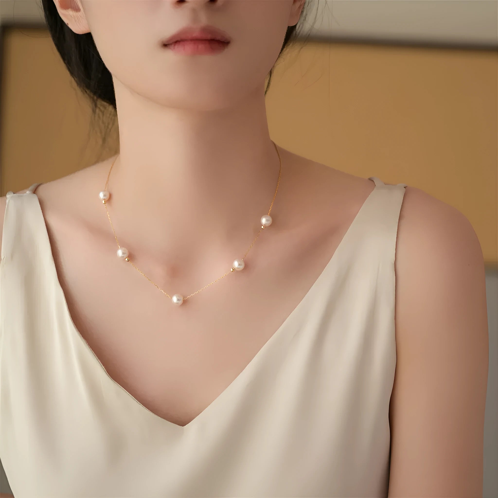 Sky Star 18K gold pearl necklace with round sea pearl 7.5-8mm and adjustable 45cm chain on white background