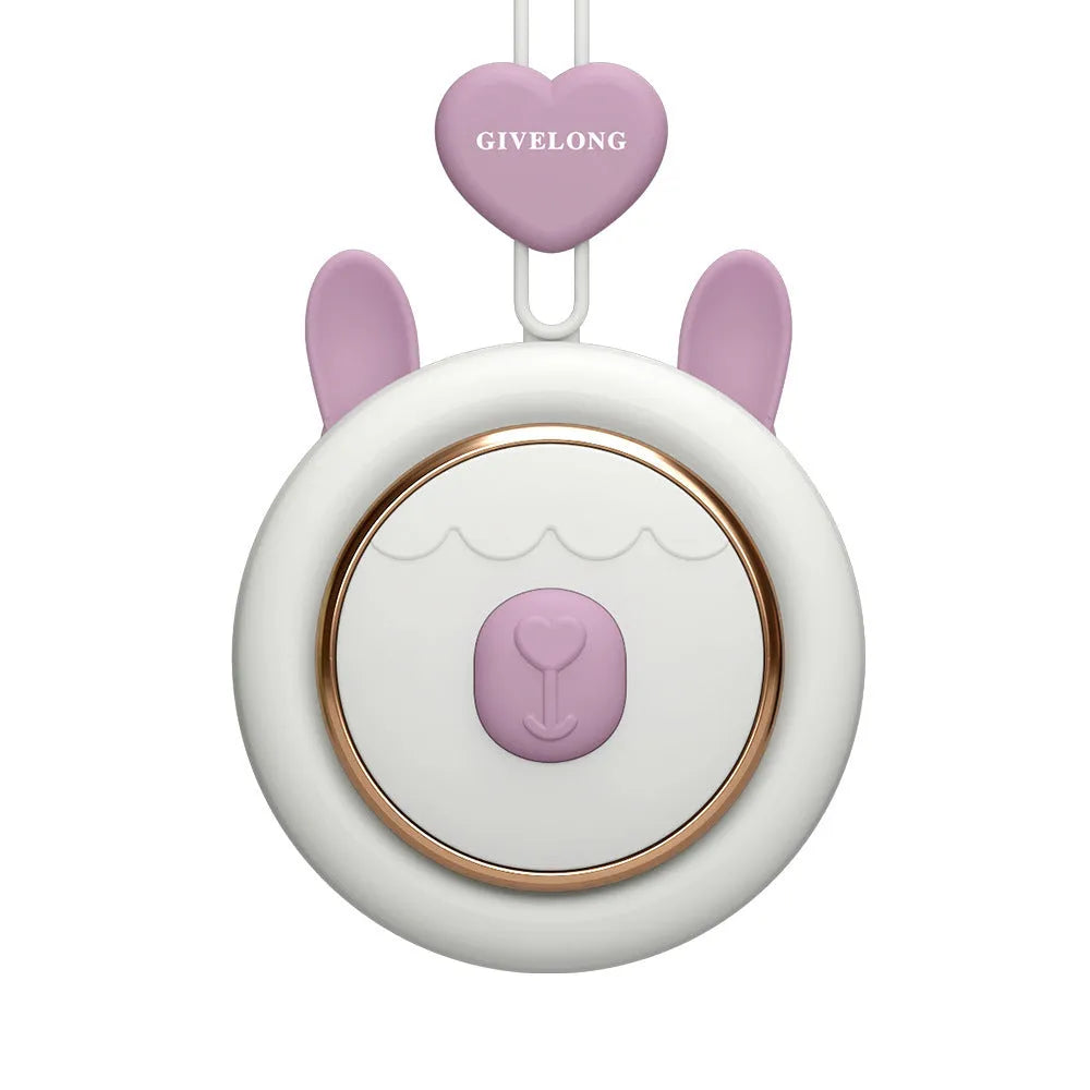 Mini bladeless neck band fan with hanging rope shown in blue, green, pink, and purple colour options.