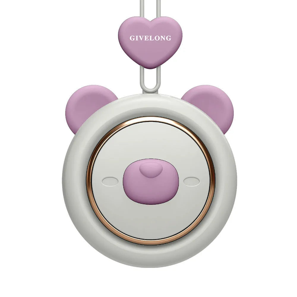 Mini bladeless neck band fan with hanging rope shown in blue, green, pink, and purple colour options.