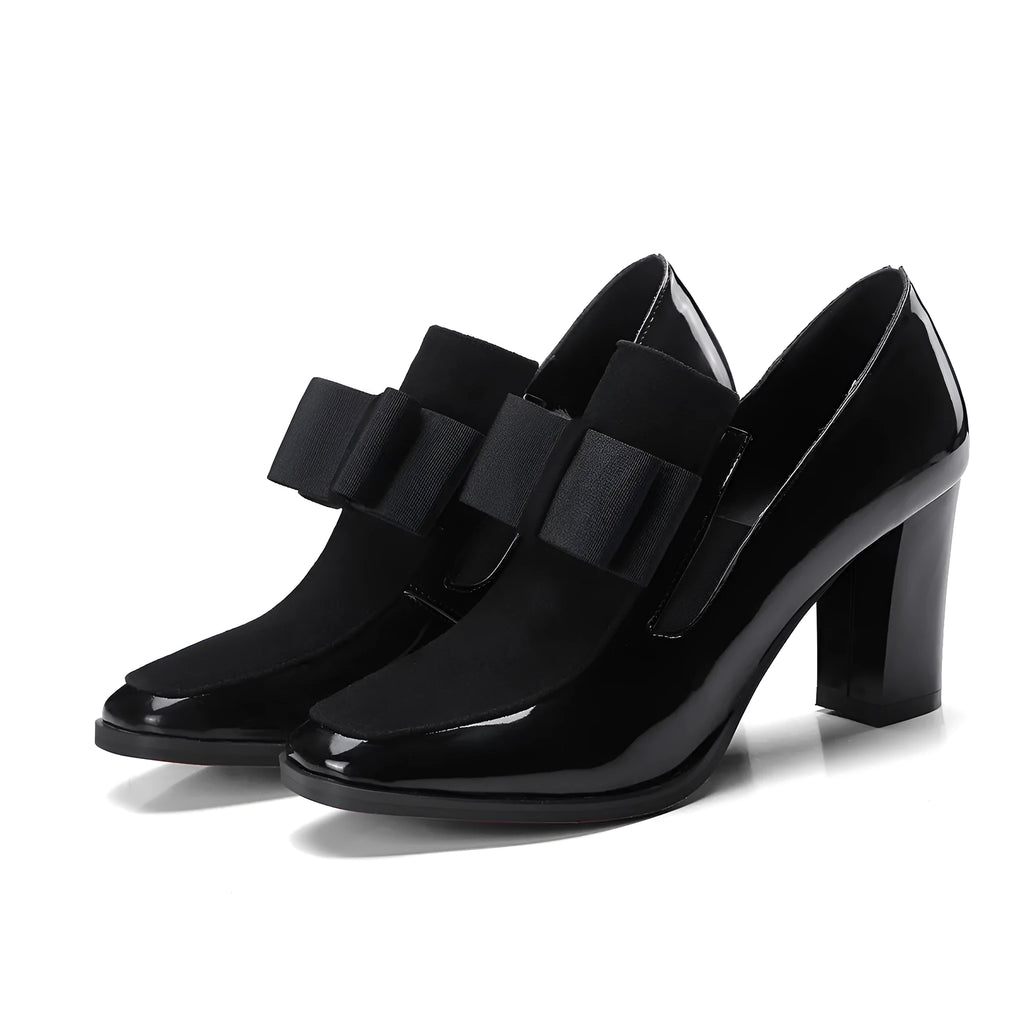 Women's black patent leather thick heel shoes with 8cm+ block heels and square toe