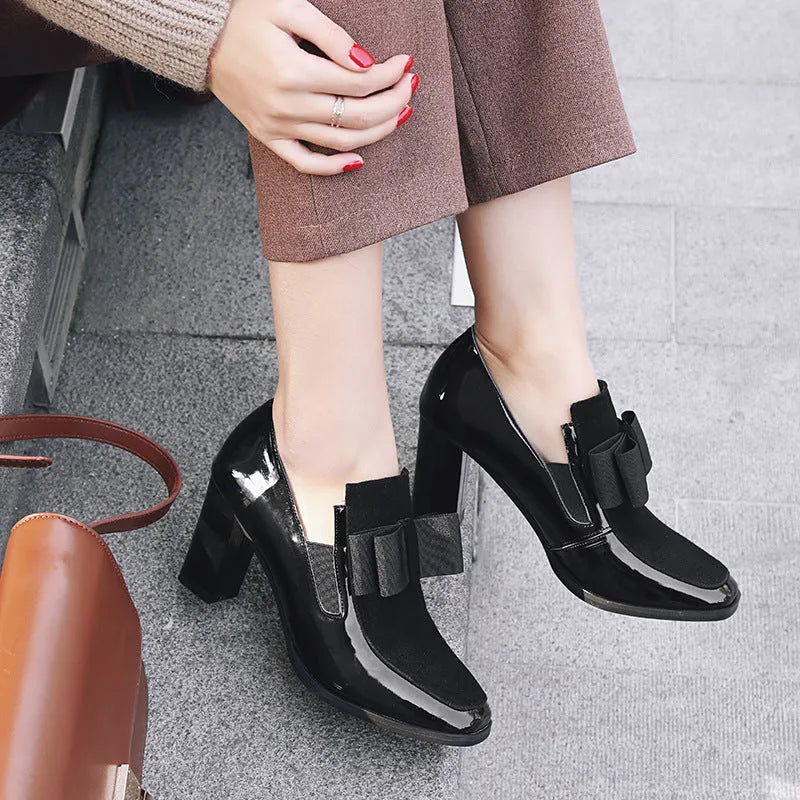 Women's black patent leather thick heel shoes with 8cm+ block heels and square toe