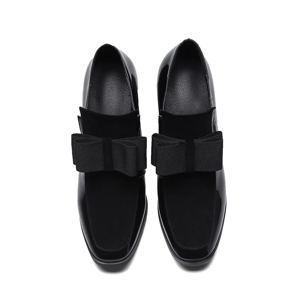Women's black patent leather thick heel shoes with 8cm+ block heels and square toe