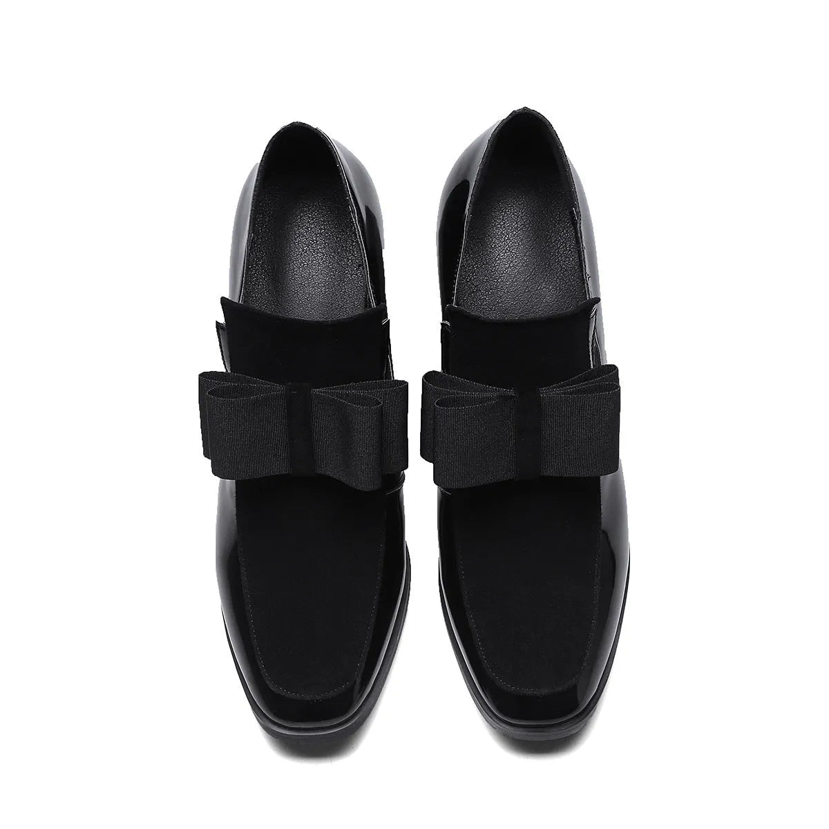 Women's black patent leather thick heel shoes with 8cm+ block heels and square toe