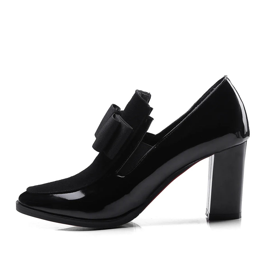 Women's black patent leather thick heel shoes with 8cm+ block heels and square toe