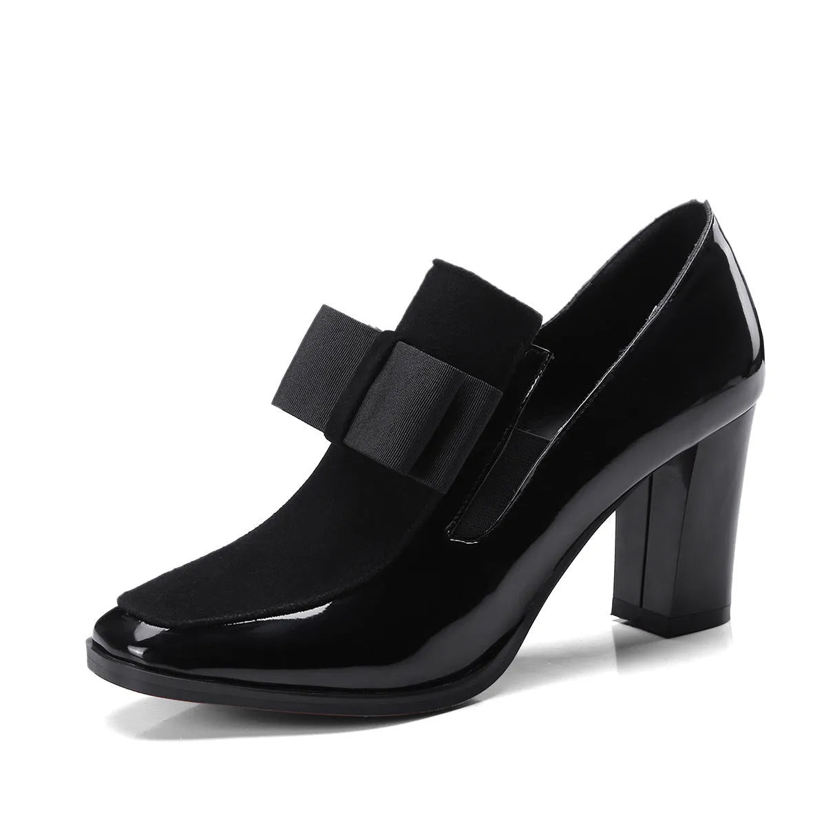Women's black patent leather thick heel shoes with 8cm+ block heels and square toe