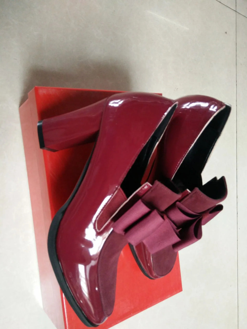 Women's black patent leather thick heel shoes with 8cm+ block heels and square toe