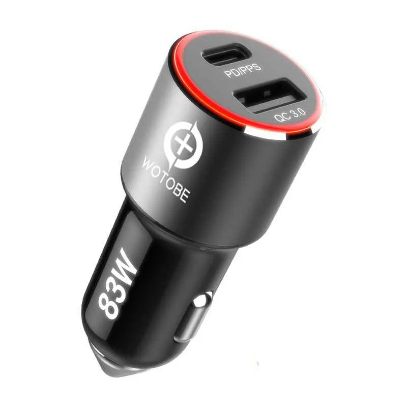 83W car charger with USB-C and QC3.0 ports for Apple and Samsung device fast charging
