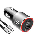 83W car charger with USB-C and QC3.0 ports for Apple and Samsung device fast charging