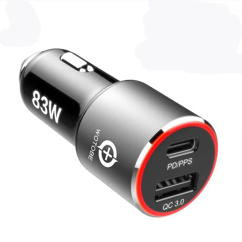 83W car charger with USB-C and QC3.0 ports for Apple and Samsung device fast charging