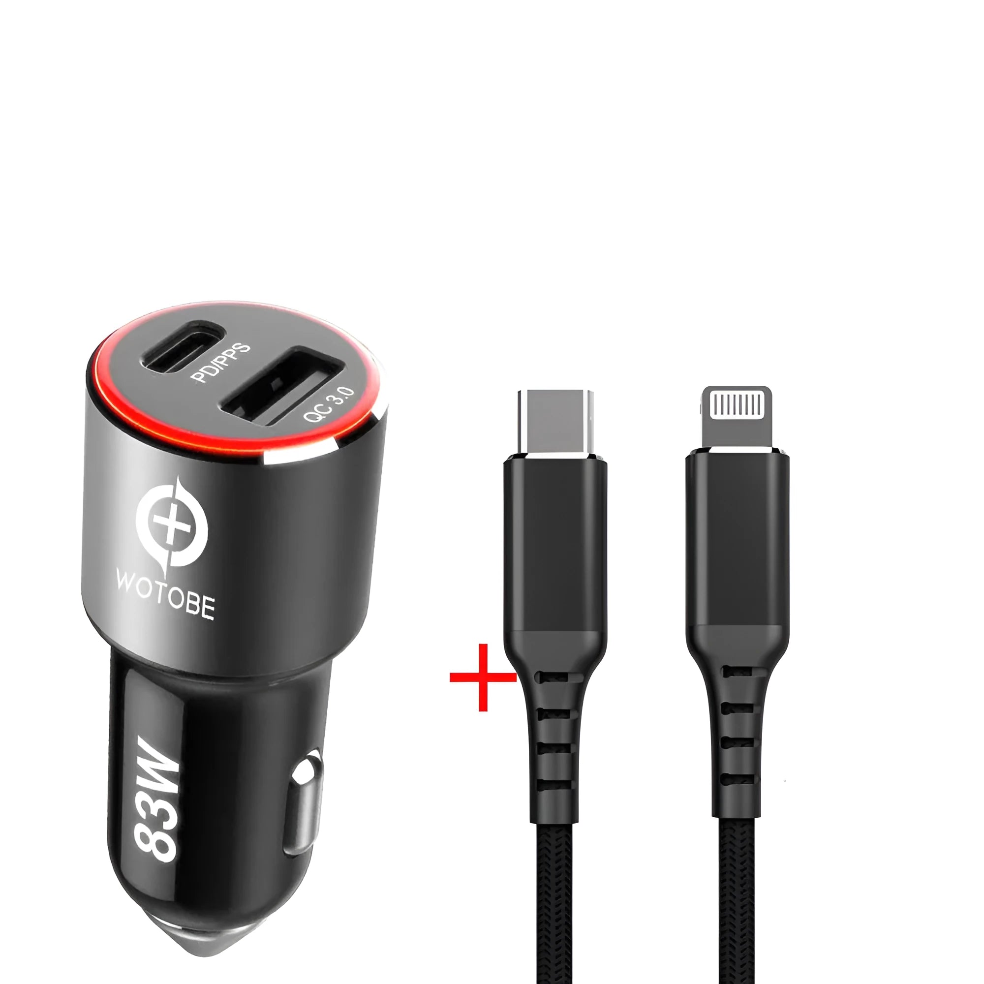 83W car charger with USB-C and QC3.0 ports for Apple and Samsung device fast charging