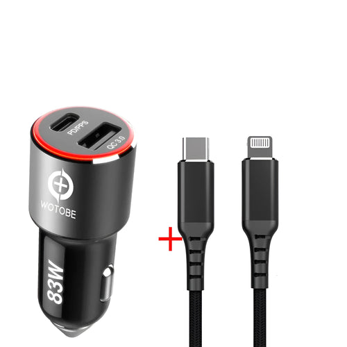 83W car charger with USB-C and QC3.0 ports for Apple and Samsung device fast charging