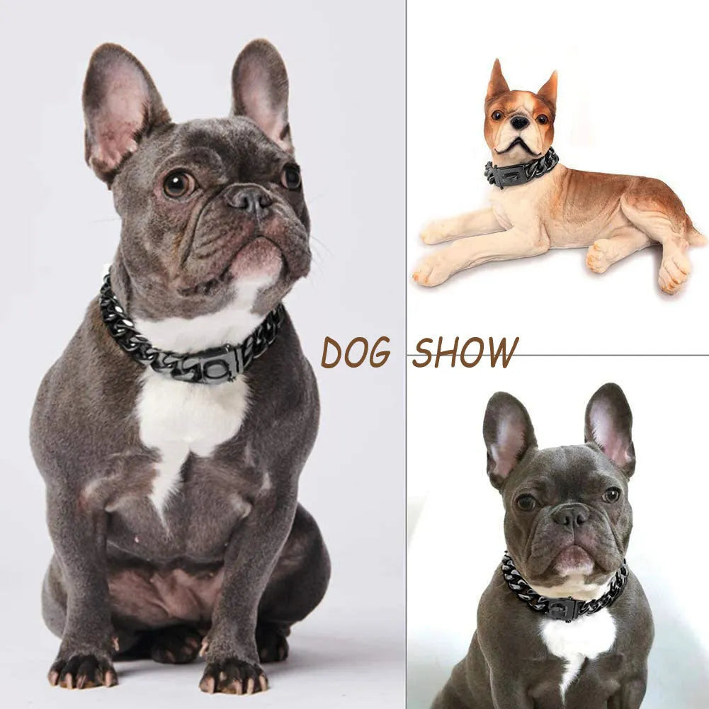Stainless steel anti-bite dog collar 19mm chain width for medium and large breeds in black colour