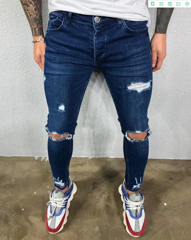 Men's stretch skinny ripped jeans in dark blue with knee hole detail, front view