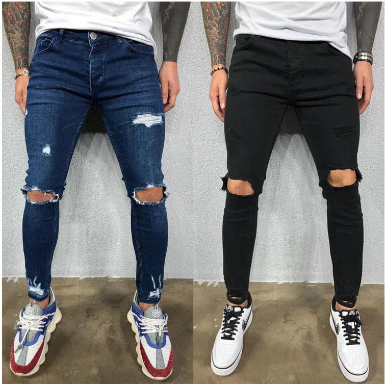 Men's stretch skinny ripped jeans in dark blue with knee hole detail, front view