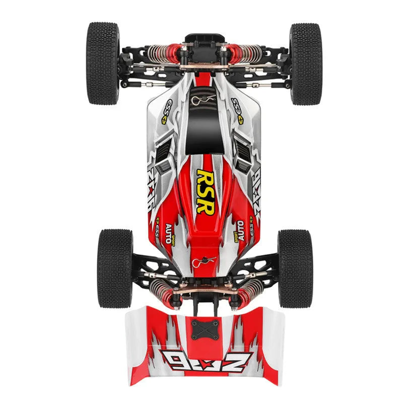 Electric four wheel drive remote control car 1:14 scale plastic body red colour outdoors