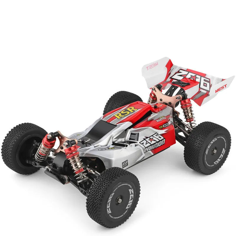 Electric four wheel drive remote control car 1:14 scale plastic body red colour outdoors