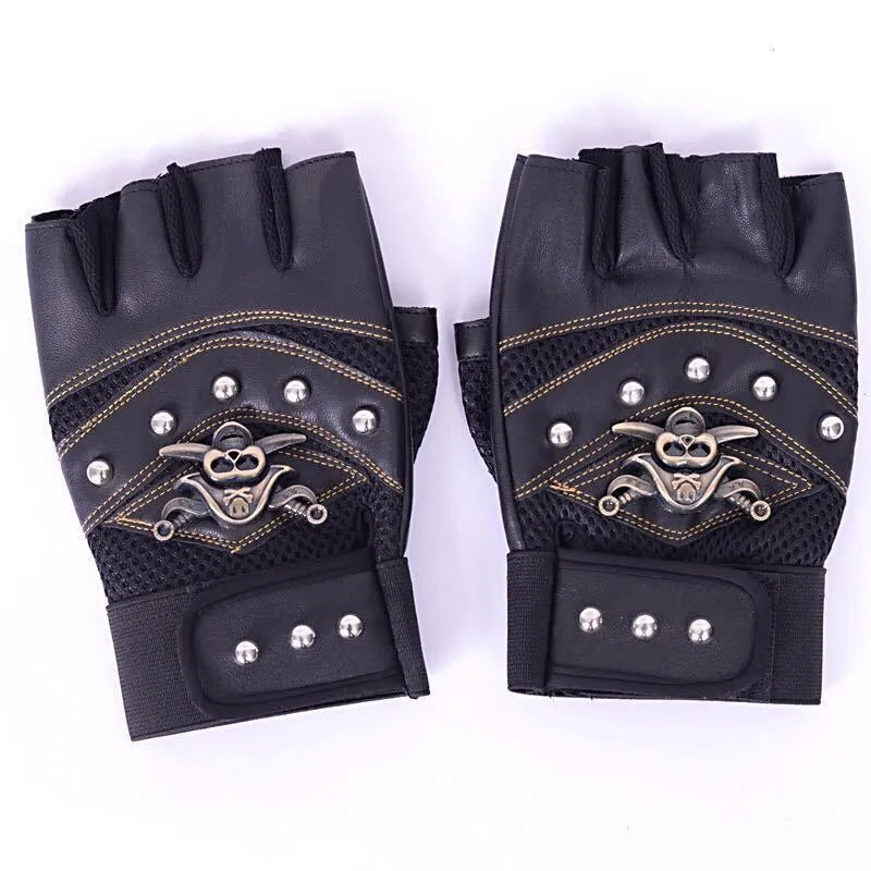 Hip hop break dancing skull gloves half finger imitation leather non-slip unisex free size black blue red