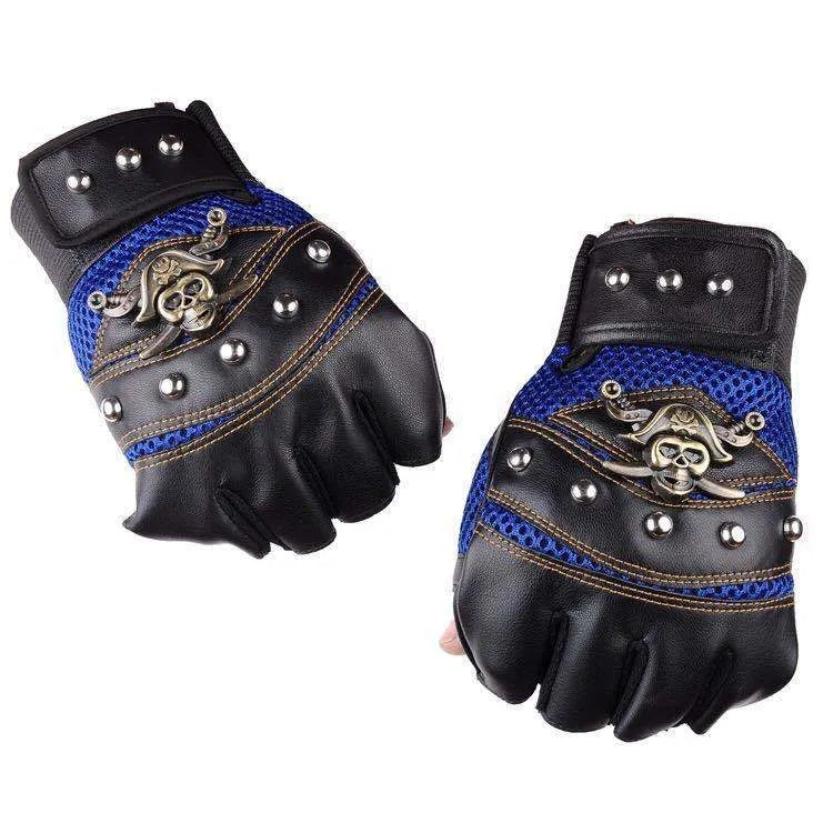 Hip hop break dancing skull gloves half finger imitation leather non-slip unisex free size black blue red