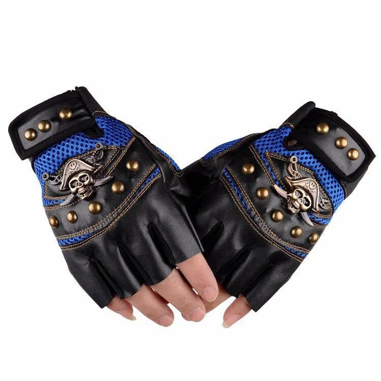 Hip hop break dancing skull gloves half finger imitation leather non-slip unisex free size black blue red