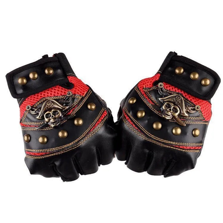 Hip hop break dancing skull gloves half finger imitation leather non-slip unisex free size black blue red